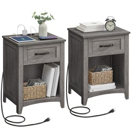 VASAGLE Farmhouse Nightstands with Charging Station, Set of 2, Bedside Tables with Drawer, Open Compartment, Side Tables with Storage, for Bedroom, Misty Gray ULET859G01