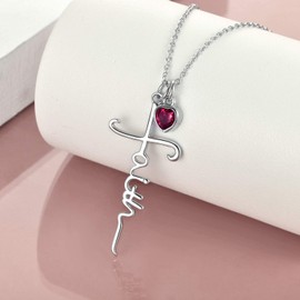 VENACOLY Faith Cross Pendant Necklaces Sterling Silver with Simulated Birthstone Cross Jewellery for Women (07-July)