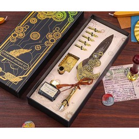 LSFCHYBY Quill Feather Pen and Ink Set,Calligraphy Set,Calligraphy Kits Include Antique Quill Feather Pen,5Nibs,1 Bottles Inks,Pen Holder for Beginners Birthday Gift (Grey)