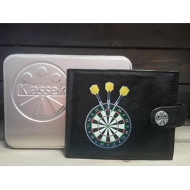 Klassek Dartboard with Yellow Darts Players Arrows Mens Wallet Real Black Leather RFID Blocking with Coin Pocket and Metal Gift Box