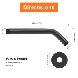 HarJue Brazo de ducha con brida y cinta de teflón, brazo de tubo de ducha montado en la pared, brazo de extensión de acero inoxidable 304 para cabezal de ducha fijo y cabezal de ducha de mano (8 pulgadas, negro mate)