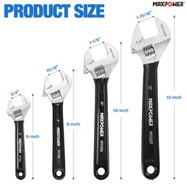 MAXPOWER Adjustable Wrench Set, 4-Piece Adjustable Wrenches 6-inch, 8-inch, 10-inch and 12-inch, Metric & SAE Scales, Extra-Wide Jaw and Soft Girp Wrench Set