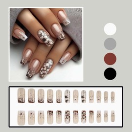YoYoee Medium Square Press on Nails Luxury Floral False Nails Gradient Nails Tips Full Cover Nude Fake Nails for Women and Girls 24PCS