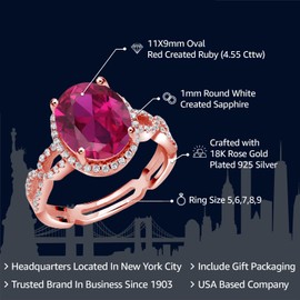 Gem Stone King 4.55 Cttw 18K Rose Gold Plated Silver Red Created Ruby and White Created Sapphire Ring For Women | Oval 11X9MM | Available In Size 5, 6, 7, 8, 9