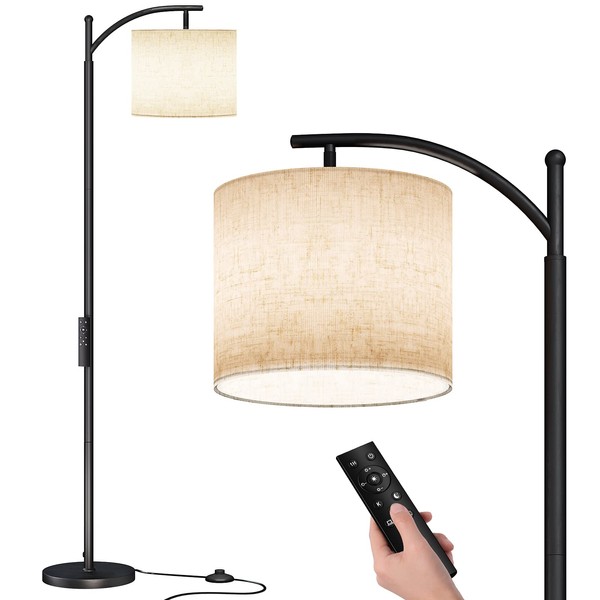 SUNMORY Arc Floor Lamp, Modern Floor Lamp with Romote Control and Stepless Dimmable Bulb, Metal Standing Lamps with Hanging Lampshade for Living Room, Bedroom, Office (Black)