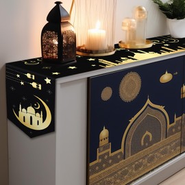 2Pcs Eid Mubarak Table Runner Ramadan Black Gold Table Runner Ramadan Mubarak Table Decoration Eid Mubarak Dining Table Decor Mosque Muslim Islamic Holiday Table Decoration Party Supplies 12x70 inches