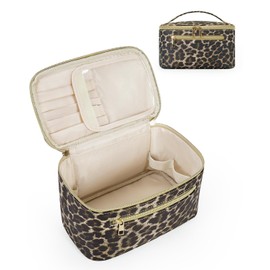 Travel Makeup Bag, Large PU Leather Cosmetic Case with Brush Compartment, Leopard