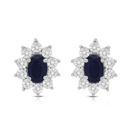 Jewelili Sterling Sliver 6x4 MM Oval Created Blue Sapphire and 1/20 Cttw Natural White Round Diamond Cluster Stud Earrings, Metal, Created Sapphire