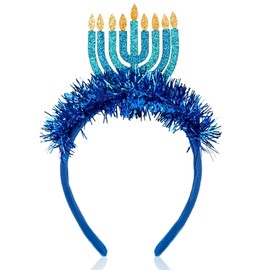 WIWUFUE Hanukkah Headband with 9 Glitter Blue Candles & Glitter Fringe - Festive Blue Menorah Hairband for Jewish Holiday Celebrations, Perfect for Women