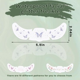 10Pcs Face Makeup Patches, Butterfly Flowers Freckles Face Tattoo, Colorful Temporary Tattoo, Sparkle Makeup Patches for Kids, Waterproof Face Glitter Freckles Patches for Women Girls