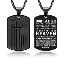 Dog Tag Cross Necklace for Men, Stainless Steel Pendant 24inch Box Chain USA American Flag Lord's Prayer Black Patriotic Motto Necklaces Teen Boys Bible Verse Christian Religious Jewelry Gifts