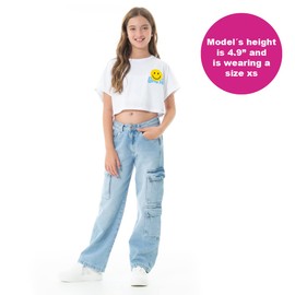Nauty Blue Girl's Baggy Pants with Adjustable Waist Band - High Waist Wide Leg Cargo Jean for Teens Fashionable Loose Fitting Flap Pocket Denim