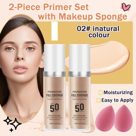 2PCS Color Changing Foundation Makeup Set with 2 Makeup Sponges,Moisturizing Full Coverage Liquid Foundation for Women,Non-greasy Long Lasting Flawless Concealer Cream Makeup Foundation Set（C)