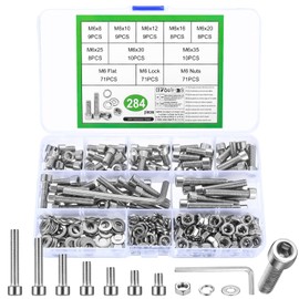 284 Pcs M6 Nuts and Bolts Set, Hex Socket Head Cap Screws Bolts and Nuts Set, Stainless Steel Machine Screws Bolts Set, Assorted Nuts and Bolts with Lock & Flat Washers Assortment for DIY Repair