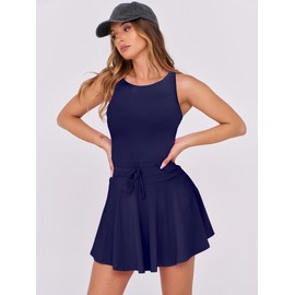 Caracilia Women's Tennis Mini Dresses 2025 Summer Sleeveless Built in Shorts Golf Athletic One Piece Active Romper Dress Navy Blue Medium