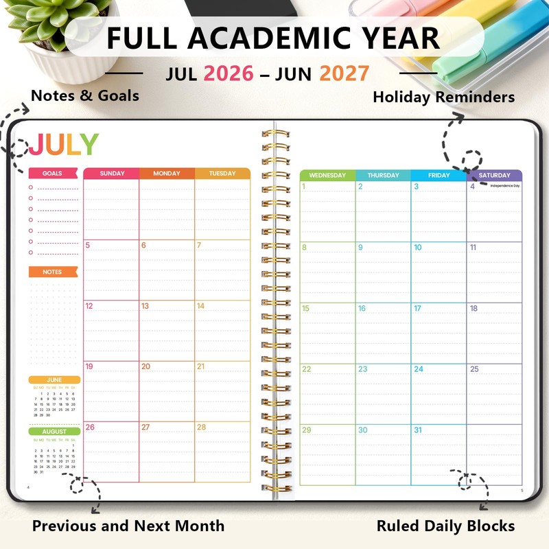 Student Planner 2026-2027, Black Spiral Academic Planner with Colorful Pages,