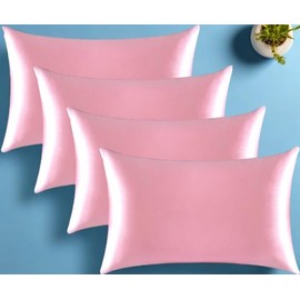 Satin Pillowcase for Hair and Skin, Super Soft Similar to Silk Pillow Cases 4 Pack with Zipper Closure, Cooling Pillowcases for Women Men (Pink, 4 x Queen (20"x30"))