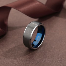 083BASE Unisex Tungsten Ring Black/Silver Blue, 4 mm/6 mm/8 mm Width, Brushed Metal Design, Bevelled Edges, Women's/Men's Jewellery in Various Sizes
