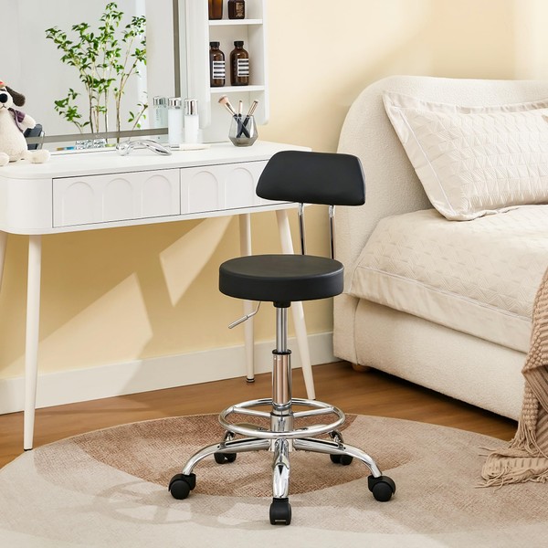FIRAVOE Rolling Stool with Back,Adjustable Height Foot Rest Rolling Salon