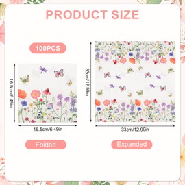 100 Stück Papierservietten mit Blumen, 33x33cm Servietten Frühling, Servietten Blumenwiese Schmetterlinge Frühlingsdekoration Serviette für Picknicks Partys Hochzeiten Kommunionen