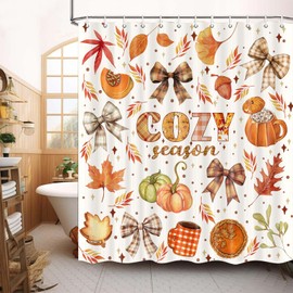 DYNH - Cortina de ducha con lazo de otoño, color café otoño, color beige, con lazos, hojas de arce, calabaza, granja, cosecha de Acción de Gracias, cortina de ducha para baño, lazo de otoño con