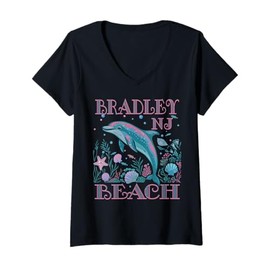 Womens BRADLEY BEACH NJ DOLPHIN COLORFUL BEACH SOUVENIR V-Neck T-Shirt