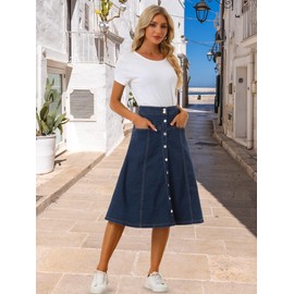 Allegra K Womens' Jean Stretchy High Waist Buttons Front A-Line Flowy Denim Midi Skirts with Pocket Dark Blue XL
