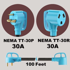 CircleCord UL Listed 30 Amp 100 Feet RV Extension Cord, Heavy Duty 10 Gauge 3 Wire STW Pure Copper Wire with Grip Handle, TT-30P Male to TT-30R Female with Cord Organizer for RV Trailer Campers