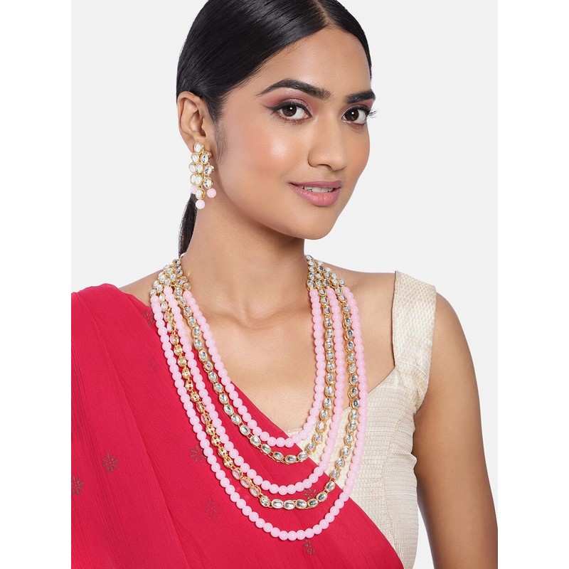 Aheli Kundan Pearl Long Multi Layered Collar Pendientes Set Joyería