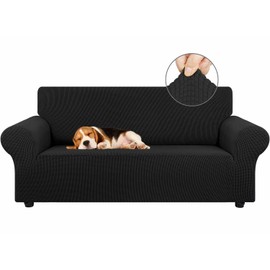 Stretch Loveseat Sofa Cover Slipcover,Couch Covers for 2 Cushion Couch Sofa (55"-79") Furniture Protector Sofa with Elastic Bottom for Kids,Dog. Jacquard Small Checked (Medium,Black)