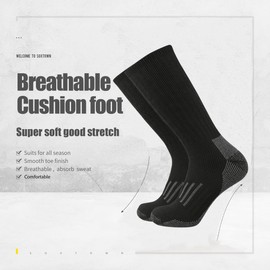 SOX TOWN Men's Merino Wool Cushion Crew Socks Moisture Wicking Control for Outdoor Hiking Work Boot Thermal Warm All Seasons(BlackGrey M)