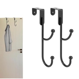 2 Pack Over Door Hook,Heavy Duty Door Black Hook with Support Pads, Metal Twin Hooks Organizer,No Drilling Required, Anti-Rust Over The Door Hanger, 6.5 Inches Tall, Fits Doors Up to 1.7 Inches Thick