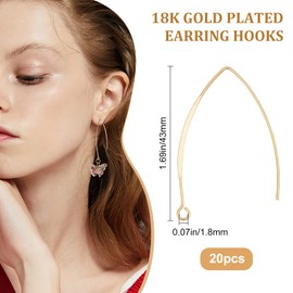 Beebeecraft 1 Box 20Pcs 18K Gold Plated Ear Wires V-Shape 43mm Drop Earring Hooks for DIY Making Findings (Wire 0.7mm)
