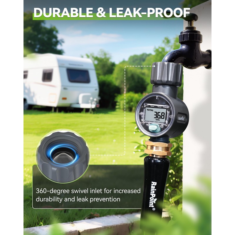 RAINPOINT Water Flow Meter, ±5% Accuracy, Measure Consumption and Flow