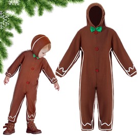 Geyoga Gingerbread Man Costume for Kids Home Clothing Winter Gingerbread Outfit Gingerbread Man Bodysuit Hooded Unisex(Brown,10-12 Years)
