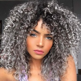 Colorfulpanda Afro Wig Grey Women, Ombre Silver Grey Synthetic Wavy Curly Natural Hair for Women, Kinky Curly with Fringe Short Wigs for Everyday Cosplay