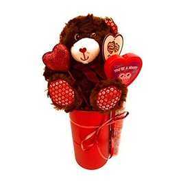 Cute Kiddy Valentine's Day Candy Bouquet Gift Basket DIY~ Decorated Bouquet with Brown Chocolate Scented Bear Assorted Favors and Treats Kids Teens Adults