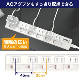 FUMITAKE Power Tap, 3.3 ft (1 m), 1500W, Lightning Guard, Power Tap, 6 Ports, Energy Saving, 6.6 ft (2 m), 3.3 ft (1 m), Dust Shutter, White, Non-Glare, Individual Switch, Swing Plug, Wall Hanging,