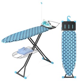 APEXCHASER Ironing Board, Foldable Iron Board with Iron Rest, Metal Panel Ironing Board, Adjustable Height Heavy Duty Iron Board with Germent Rack, Heat & Scorch Resistant Cover, 13x43 Blue