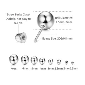 KALVICA 8 Pairs Stainless Steel Ball Stud Earrings Screw Back Ear Cartilage Earrings for Women Men 1.5 - 7 mm, Stainless Steel
