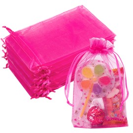 Crweety 50 Pcs Hot Pink Organza Bags, 4x6 Inch Small Mesh Bags Drawstring Jewelry Pouch Bags Gift Bags Bulk for Wedding Party Favor