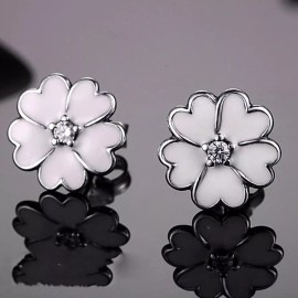 ZARD 925 Sterling Silver Clover Flower Stud Earrings in White Enamel and CZ