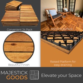 Majestick Goods Interlocking Long Slat Deck Tiles 12"x12"– Stylish Patio Tiles for Outdoor Flooring, Durable Acacia Wood, Easy to Install for Porch, Balcony & Patio Flooring, 24 Pack (24pcs) 24 Sq Ft