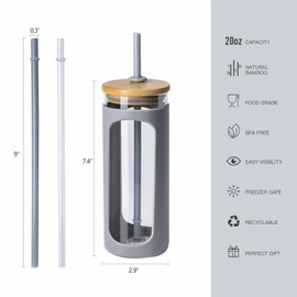 Kodrine 20oz Glass Water Tumble with Straw and Lid,Bamboo Lids Water Bottle, Iced Coffee Cup Reusable, Wide Mouth Smoothie Cups, Straw Silicone Protective Sleeve BPA FREE-Grey