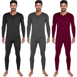 Patelai 3 Set Thermal Underwear for Men Long Underwear Fleece Lined V Neck Winter Warm Base Layers Thermal Top Bottom(Medium,Black, Dark Gray, Wine Red)