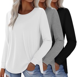Huukeay 3 Pack Womens Long Sleeve Shirts Crewneck Loose Fit Cotton Tops Casual Curved Hem Tees Basic Fall Shirts(Black, Light Heather Gray, White,Medium)