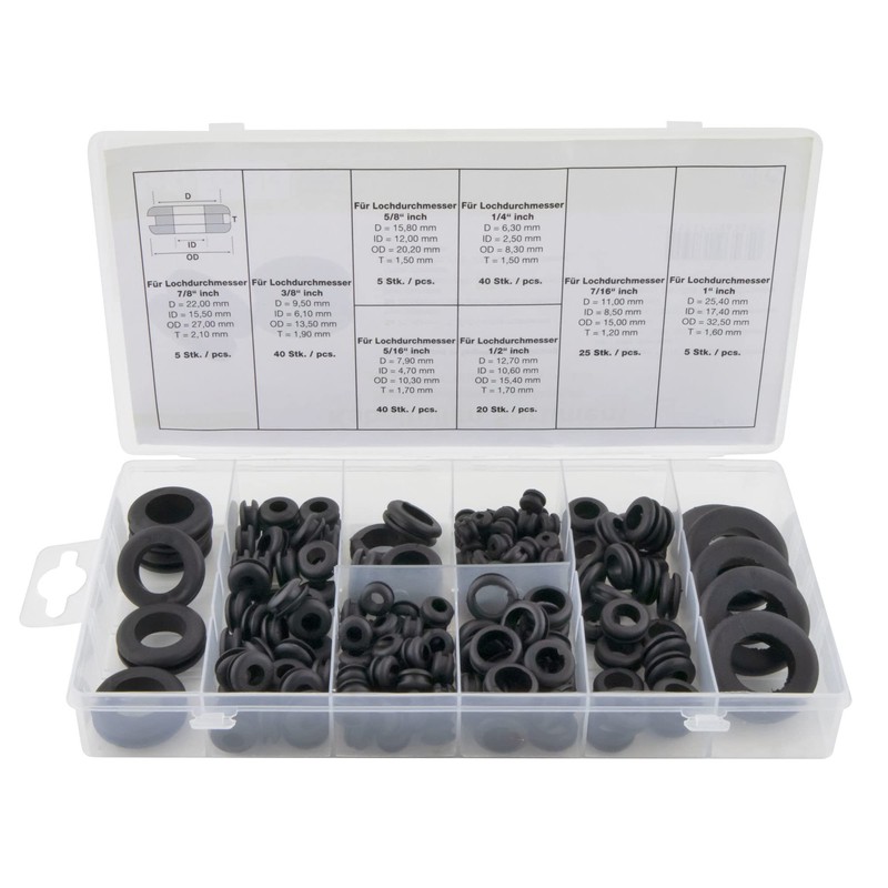 SeKi Rubber grommet assortment, 180 pieces, 8 different dimensions, electrical