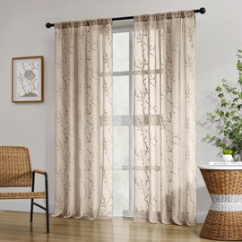 HOMEIDEAS Taupe Sheer Curtains 52 X 84 Inches Length 2 Panels Embroidered Branch Pattern Pocket Faux Linen Floral Semi Sheer Voile Window Curtains/Drapes for Bedroom Living Room