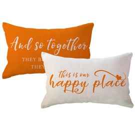 ULOVE LOVE YOURSELF Home Saying Throw Pillow Covers with Our Happy Place Quote Rustic Farmhouse Decor Lumbar Pillow Cases 12" x 20",2Pack Housewarming Gifts for Sofa/Couch/Porch (Orange)