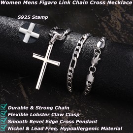 KRFY 925 Sterling Silver Cross Pendant Necklace for Men Stainless Steel Silver Cross Necklace Men With 5mm Diamond-Cut Figaro or Curb Chain 18K White Gold Plated Cross Necklace Women